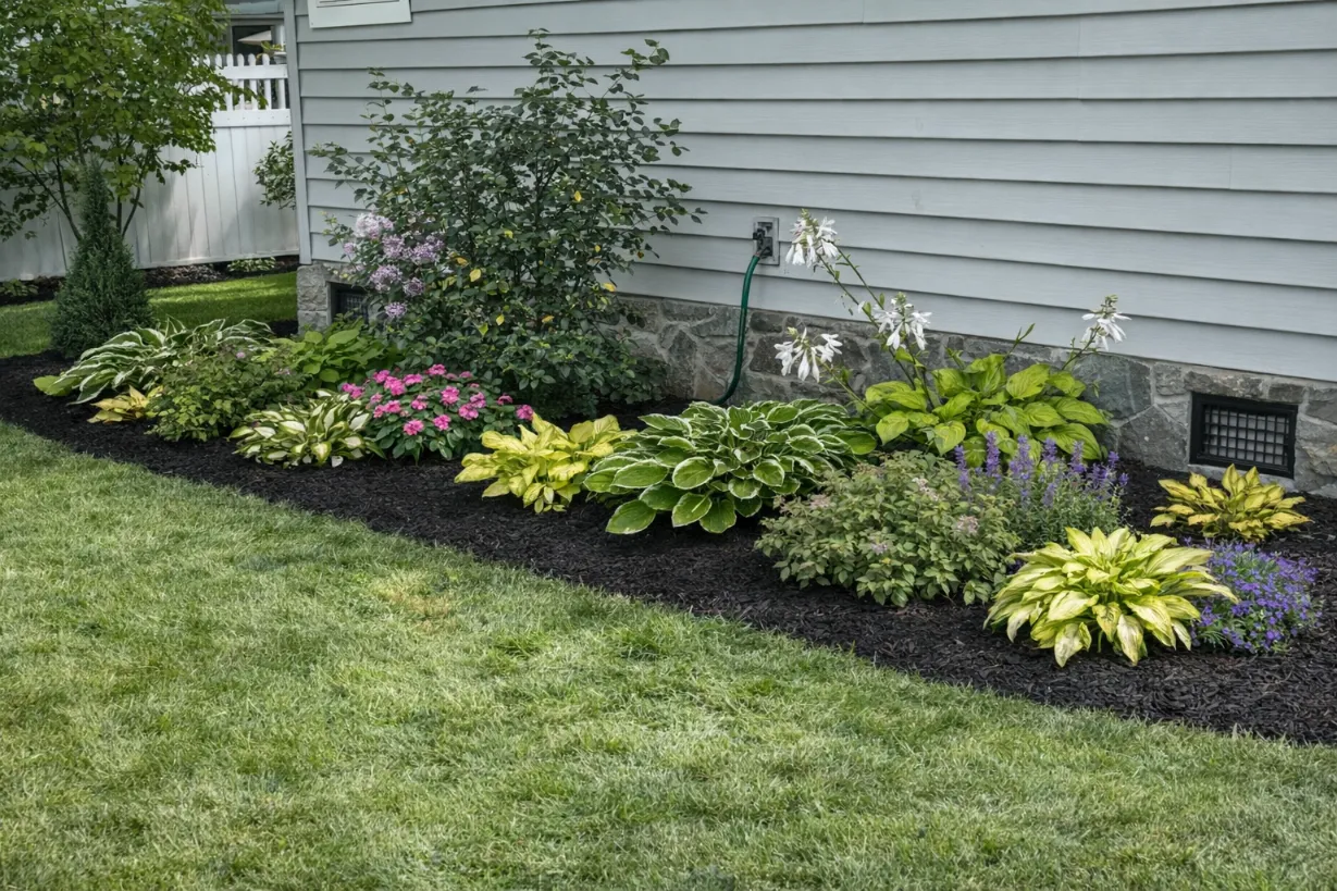 Close up of well-maintained garden plants and fresh mulch