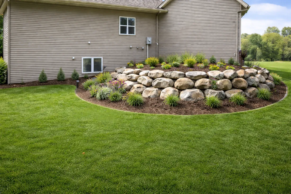 Landscaping crew installing large boulders