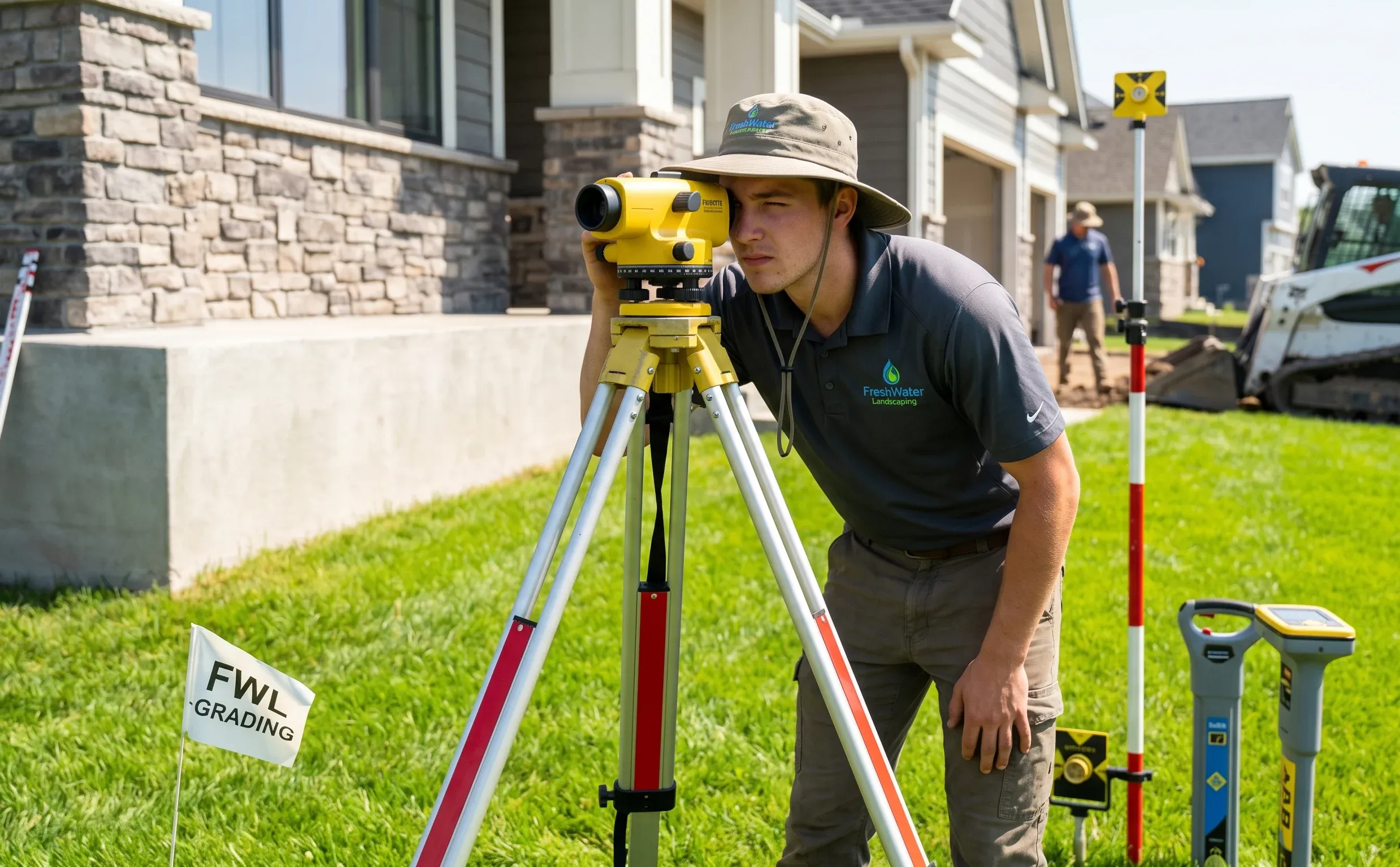Freshwater Landscaping crew calculating water slope