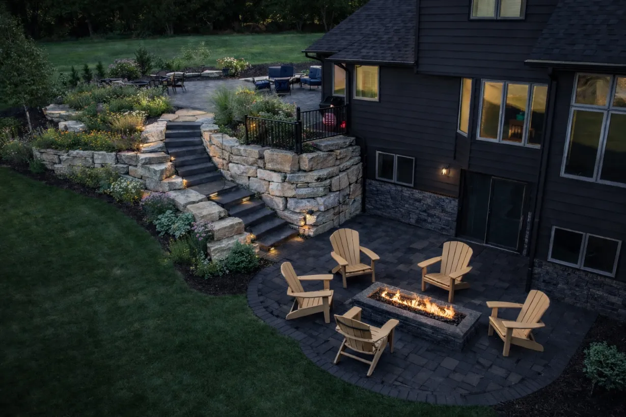 Landscape designer reviewing a site plan blueprint