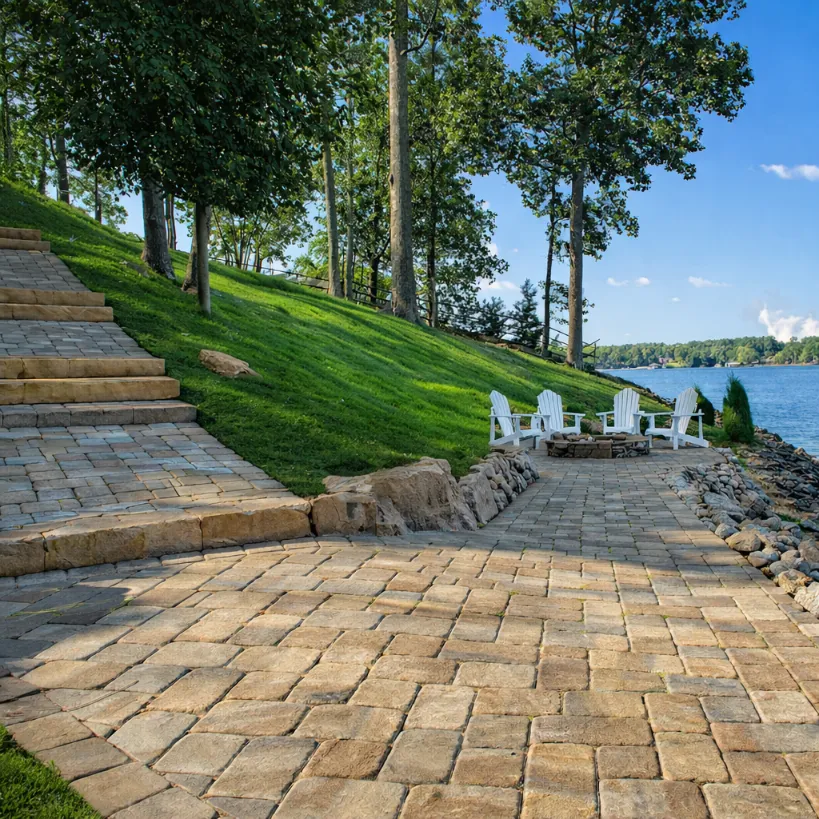 Close up of interlocking paver installation and polymeric sand