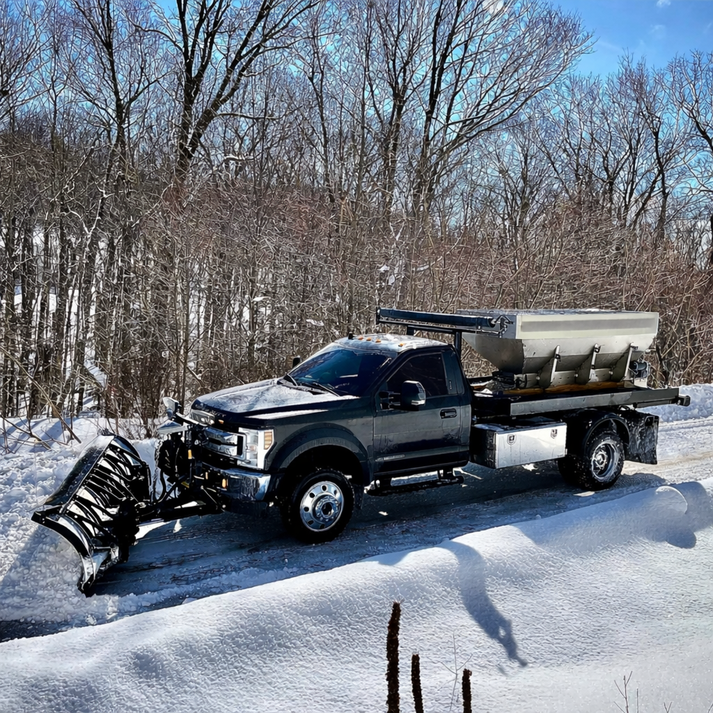 Crew member shoveling a residential walkway