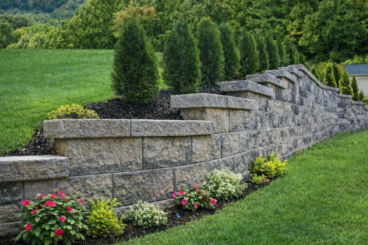 Retaining wall under construction showing compacted base and clear drainage stone