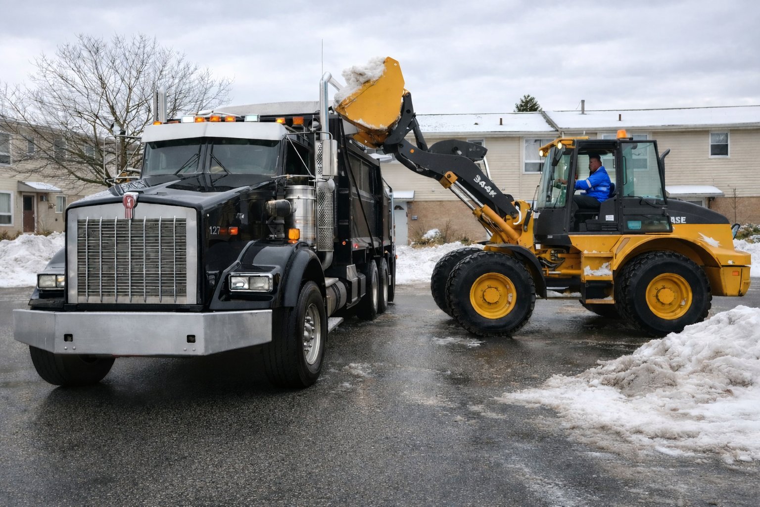 Dump truck being loaded with snow for off-site hauling