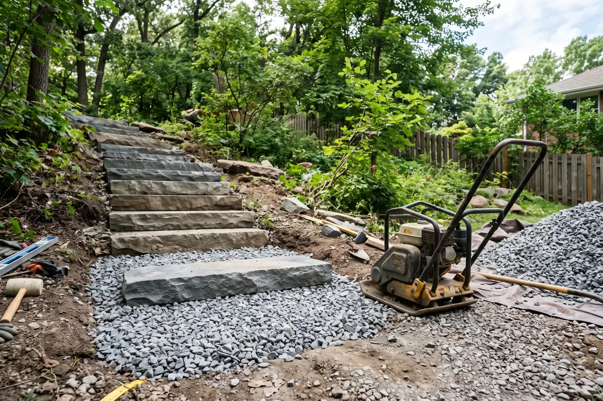 Stone steps being set on a compacted clear rock base