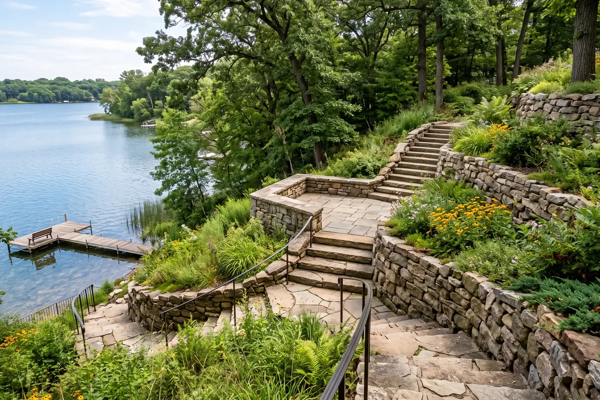 Natural stone lake stairs descending a steep slope