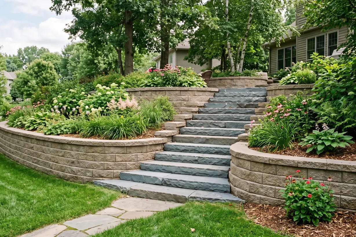Stone steps set into a retaining wall on a sloped yard