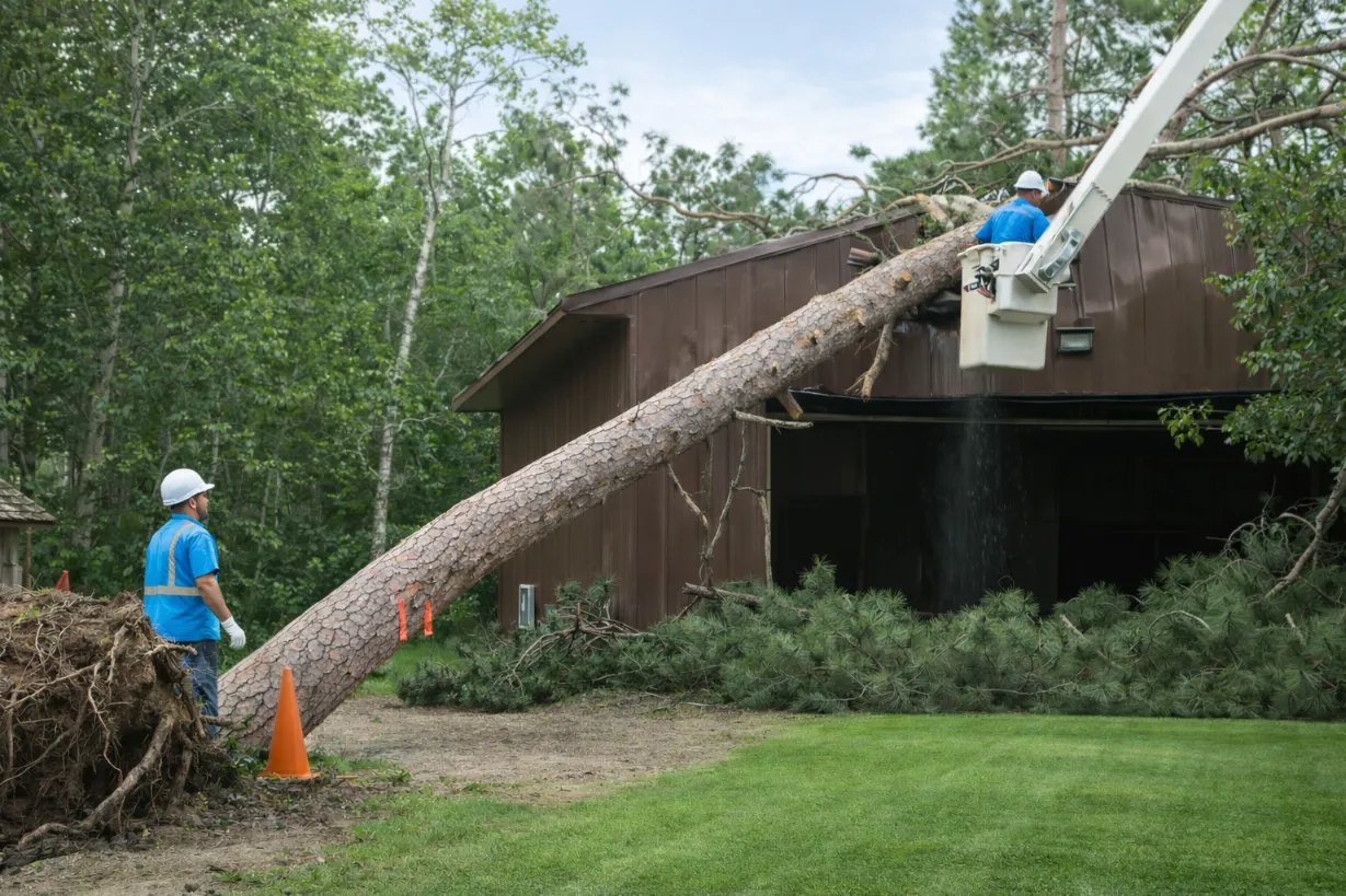 Massive fallen tree safely rigged and removed from a residential house