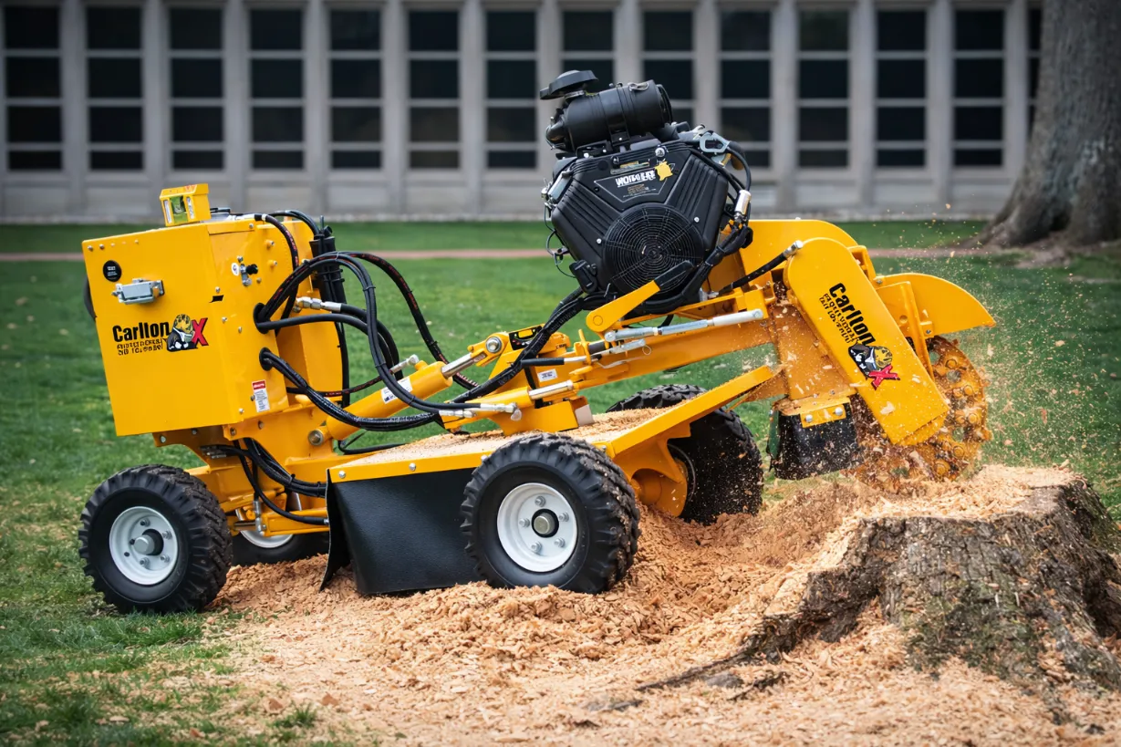 Compact, track-driven stump grinder maneuvering through a tight residential gate