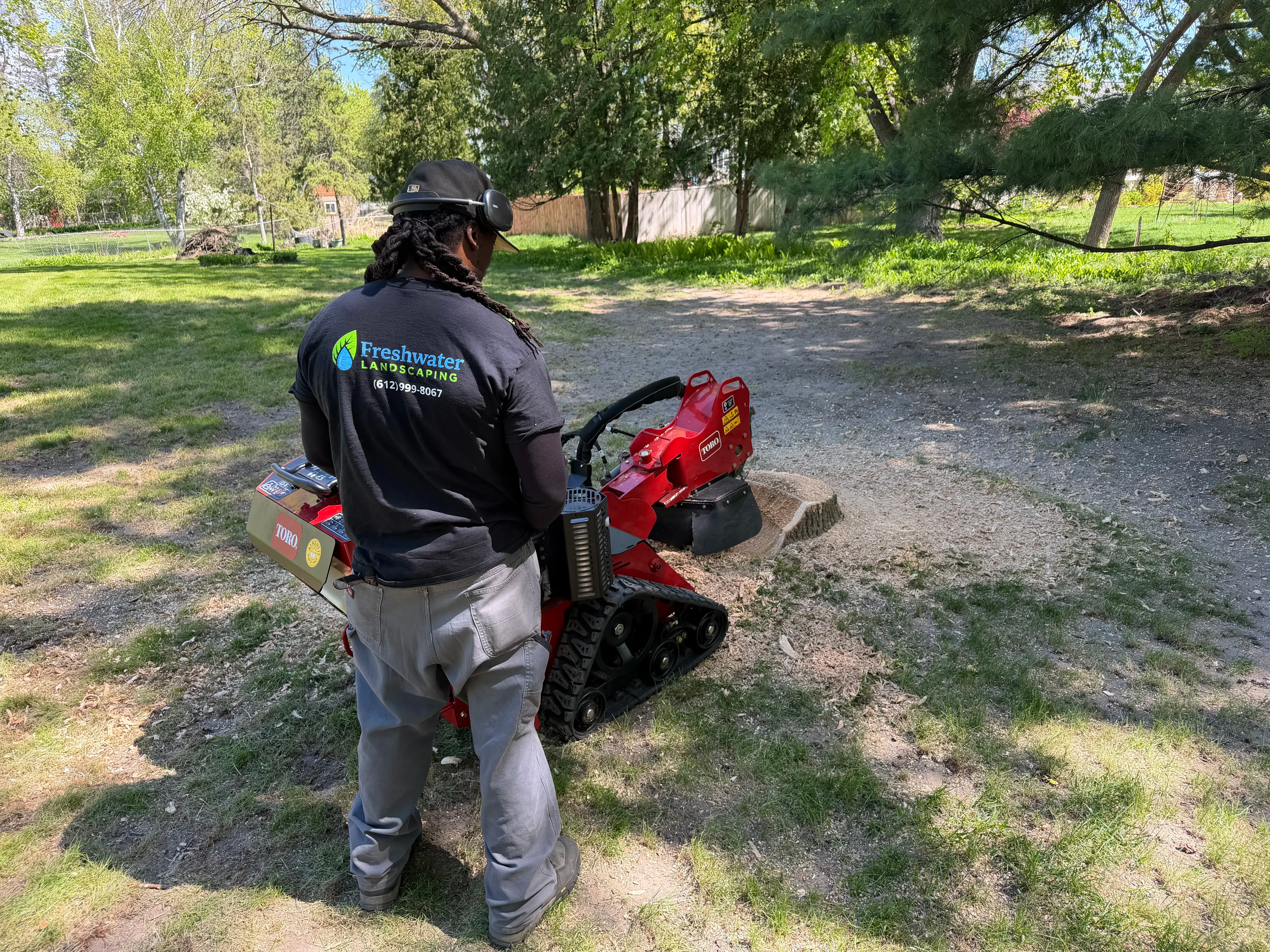 Heavy duty stump grinding machine pulverizing a large hardwood stump