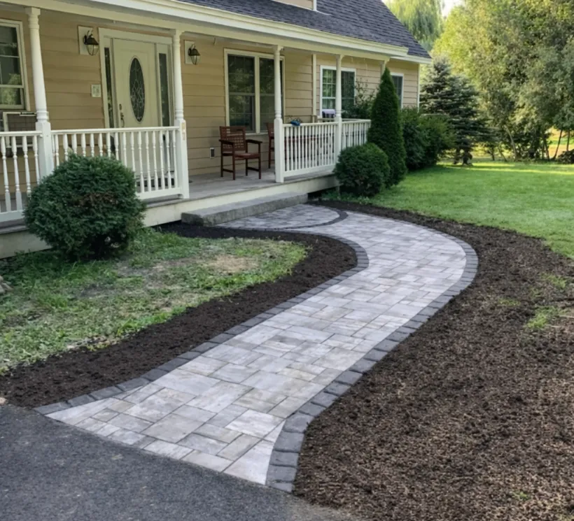 Beautifully finished, perfectly level flagstone walkway winding through a Minnesota garden