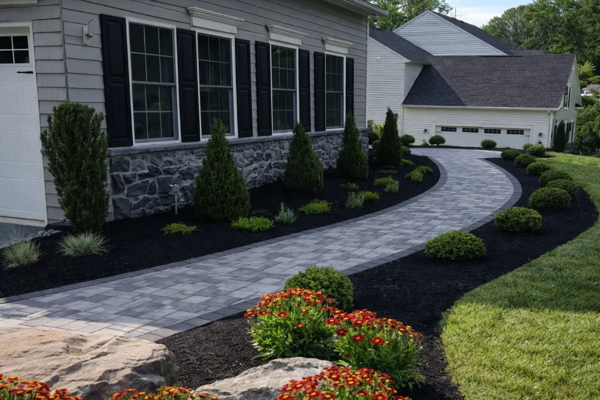Professional hardscaper laser-leveling and compacting a deep aggregate base for a new paver walkway
